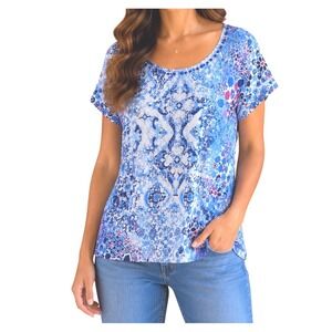 Blue Mood L/XL Paisley Mosaic Top Blue‎ Rhinestone Short Sleeve Boho